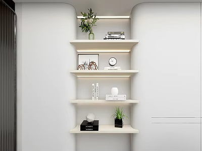 Modern Wall Mounted Shelf Design With Layered Storage Plants Books And LED Lights 3d model
