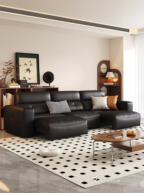 Modern Living Room With Black Leather L shaped Sofa Throw Pillows And Wooden Coffee Table 3d model 