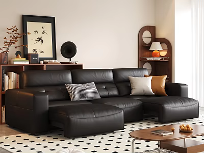 Modern Living Room With Black Leather L shaped Sofa Throw Pillows And Wooden Coffee Table 3d model