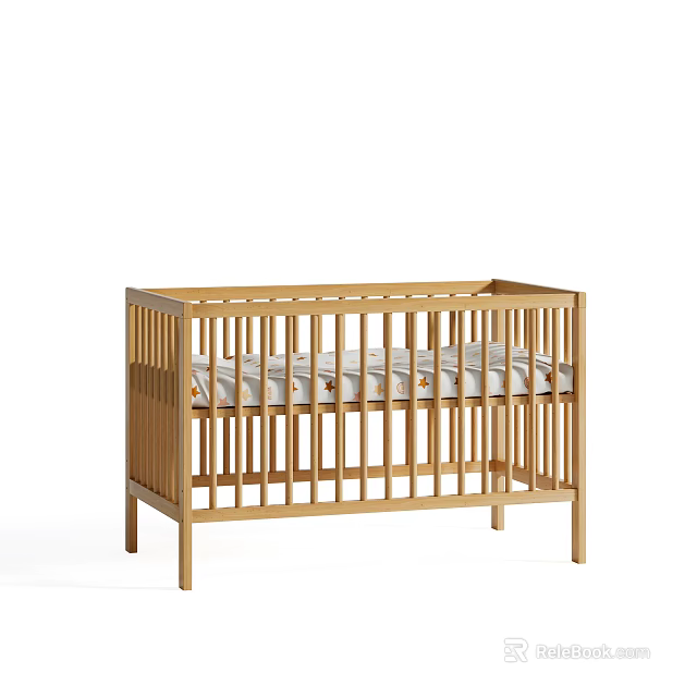 Simple Wooden Baby Crib With Light Wood Tone Slatted Sides And Soft Comfortable Mattress 3d model 