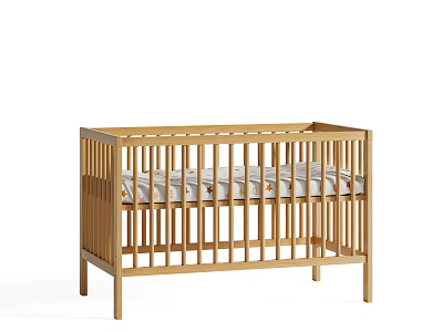 Simple Wooden Baby Crib With Light Wood Tone Slatted Sides And Soft Comfortable Mattress 3d model