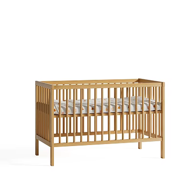 Simple Wooden Baby Crib With Light Wood Tone Slatted Sides And Soft Comfortable Mattress 3d model