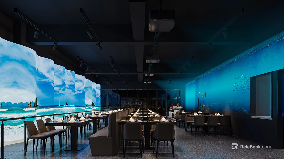 Hotpot Restaurant Interior Featuring Ocean Themed Decor And Comfortable Dining Seats 3d model 