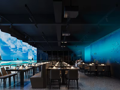 Hotpot Restaurant Interior Featuring Ocean Themed Decor And Comfortable Dining Seats 3d model