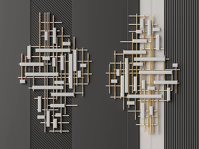 Geometric Wall Decor With Metal Frames Gold White Gray On Dark Striped Background 3d model