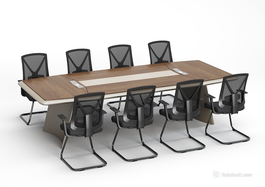 Modern Office Conference Table With Wooden Top Metal Frame And Mesh Back Chairs 3d model 