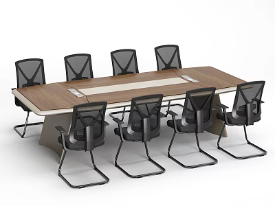 Modern Office Conference Table With Wooden Top Metal Frame And Mesh Back Chairs 3d model