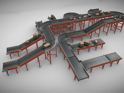 Industrial Conveyor Belt System With Multiple Belts Red Frames And Brown Boxes 3d model