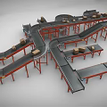 Industrial Conveyor Belt System With Multiple Belts Red Frames And Brown Boxes 3d model