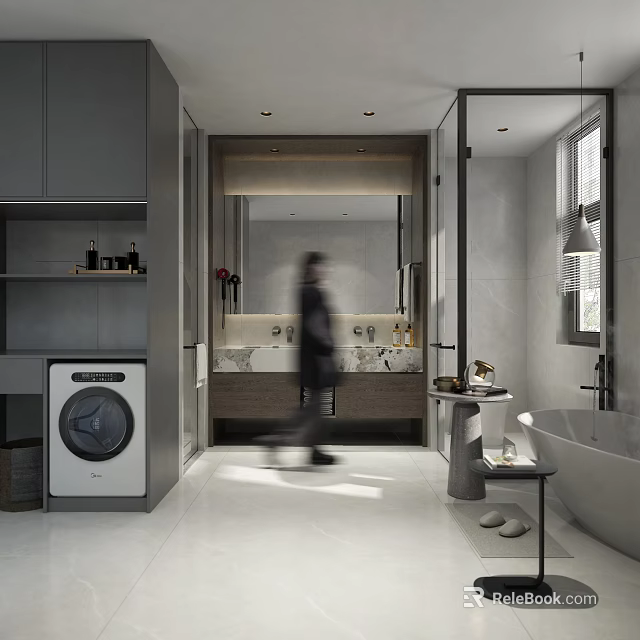 Modern Minimalist Grey Bathroom With Built In Washing Machine Freestanding Bathtub And Double Sink Vanity 3d model 
