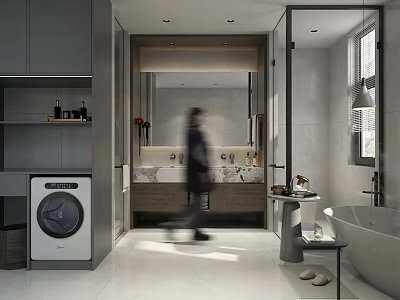 Modern Minimalist Grey Bathroom With Built In Washing Machine Freestanding Bathtub And Double Sink Vanity 3d model