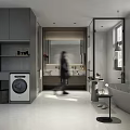 Modern Minimalist Grey Bathroom With Built In Washing Machine Freestanding Bathtub And Double Sink Vanity