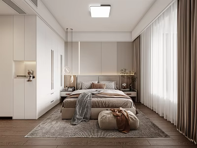 Modern Bedroom With White Cabinets Bedside Pendant Lights Pillows Throw Blanket Ottomans Curtains And Rug 3d model