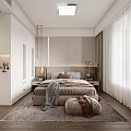Modern Bedroom With White Cabinets Bedside Pendant Lights Pillows Throw Blanket Ottomans Curtains And Rug