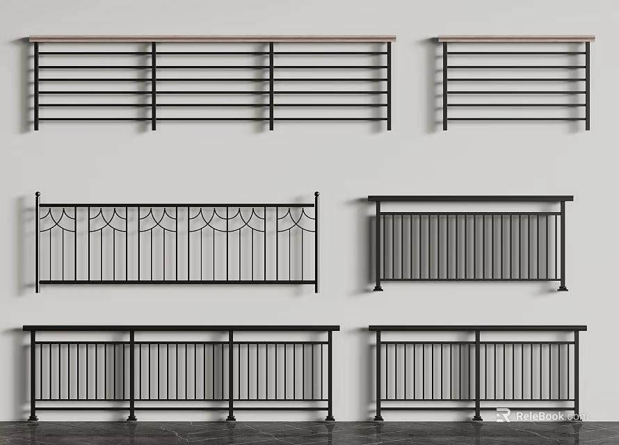 Different Styles of Metal Railings Featuring Decorative Patterns And Horizontal Bars 3d model 