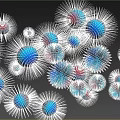 Colorful Blue And Red Spheres Art Installation With Radiant Light On Black Background