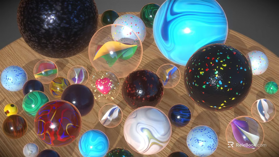 Assorted Colorful Glass Marbles With Diverse Patterns and Textures On Wooden Surface 3d model 