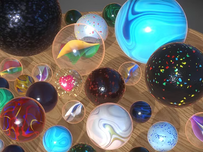 Assorted Colorful Glass Marbles With Diverse Patterns and Textures On Wooden Surface 3d model