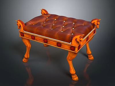 Tufted Brown Leather Stool With Carved Wooden Legs And Decorative Heads 3d model