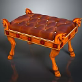 Tufted Brown Leather Stool With Carved Wooden Legs And Decorative Heads
