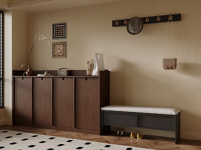Dark Wood Shoe Cabinet With Decorations Beside Padded Bench And Beige Wall Coat Hook Rack 3d model