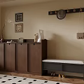 Dark Wood Shoe Cabinet With Decorations Beside Padded Bench And Beige Wall Coat Hook Rack