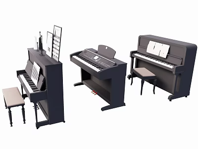 Collection of Musical Instruments Including Upright Digital Pianos Stools and Music Stands 3d model