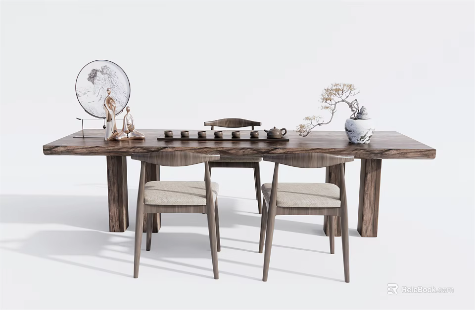 Wooden Tea Table and Chairs with Fabric Cushioned Seats Decorative Fan Tea Sets and Vase 3d model 