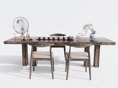 Wooden Tea Table and Chairs with Fabric Cushioned Seats Decorative Fan Tea Sets and Vase 3d model