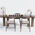 Wooden Tea Table and Chairs with Fabric Cushioned Seats Decorative Fan Tea Sets and Vase