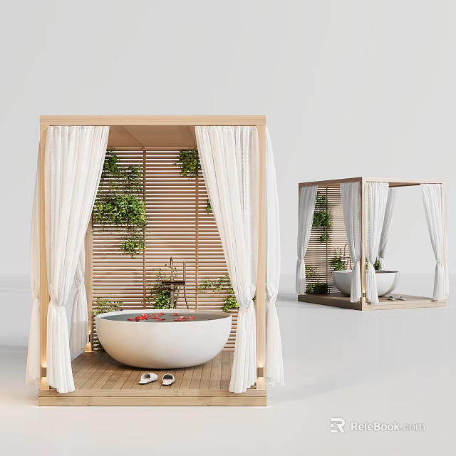 Elegant White Bathtub in Wooden Frame with White Curtains Green Plants and Wooden Floor 3d model 