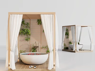 Elegant White Bathtub in Wooden Frame with White Curtains Green Plants and Wooden Floor 3d model