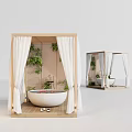 Elegant White Bathtub in Wooden Frame with White Curtains Green Plants and Wooden Floor