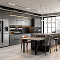 Modern Open Concept Restaurant Kitchen With Island Counter Dining Table And Cabinets
