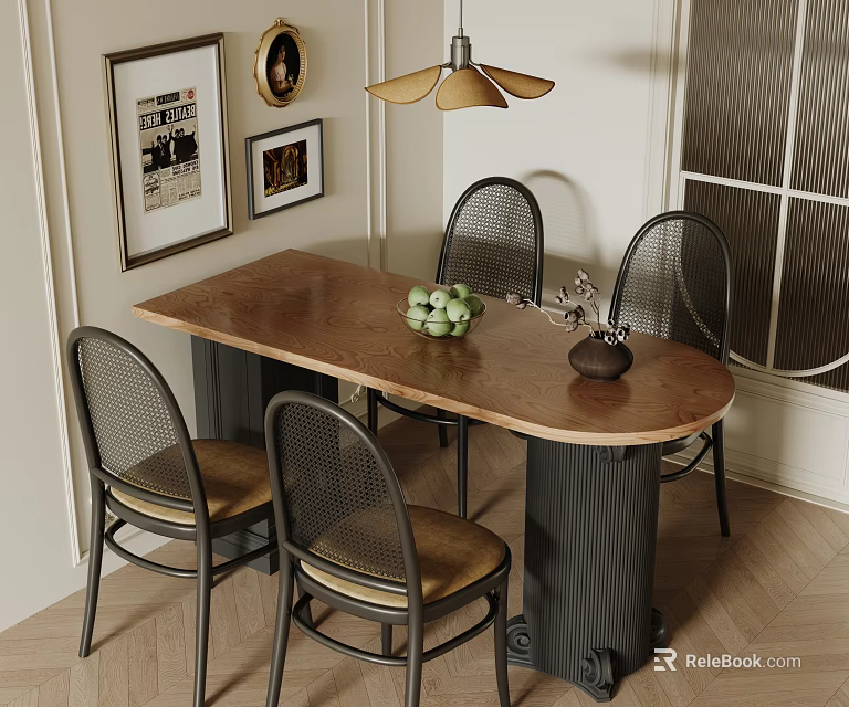 Modern Dining Table and Chairs Set With Wooden Top Metal Frame and Green Fruits Decor 3d model 