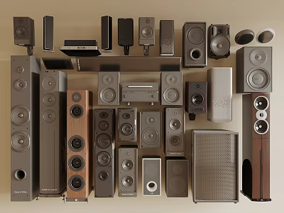 Modern Headphones and Speakers Collection with Floor Bookshelf Subwoofers Wooden Metal Design 3d model