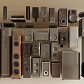 Modern Headphones and Speakers Collection with Floor Bookshelf Subwoofers Wooden Metal Design