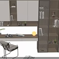 Modern Bookcase With Glass Doors And Open Shelves Near Desk Chair And Plants