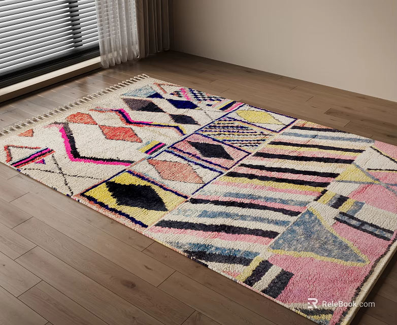 Colorful Geometric Square Rug In Room With Wooden Flooring And Windows 3d model 