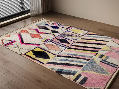Colorful Geometric Square Rug In Room With Wooden Flooring And Windows 3d model