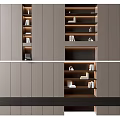 Modern Feature Wall with Grey Panels Open Shelves Books Decorative Items and Integrated Lighting