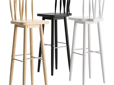 Modern Light Wood Black And White Bar Stools With Slatted Back Slender Legs Metal Footrest 3d model