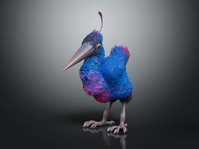 Vibrant Mythical Bird Character With Blue Purple Feathers Long Beak Purple Crest And Yellow Eyes 3d model