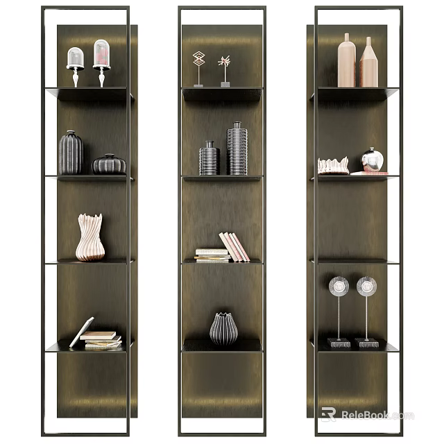Modern Dark Wood Multi Tiered Shelving Unit With Decorative Items Books And Vases 3d model 