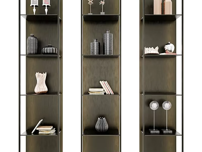 Modern Dark Wood Multi Tiered Shelving Unit With Decorative Items Books And Vases 3d model