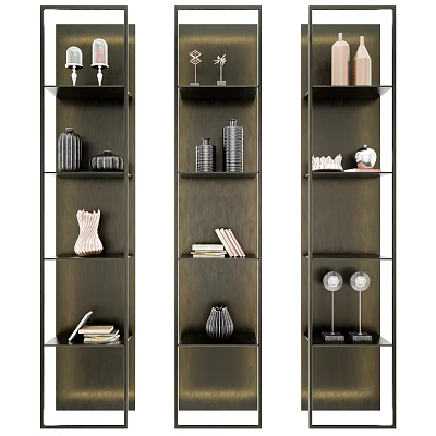 Modern Dark Wood Multi Tiered Shelving Unit With Decorative Items Books And Vases 3d model