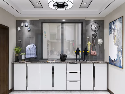 Modern Dining and Living Room Interior With White Cabinets Marble Countertop and Decorative Painting 3d model