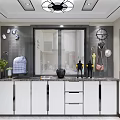 Modern Dining and Living Room Interior With White Cabinets Marble Countertop and Decorative Painting