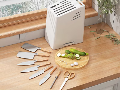 Kitchen Utensils Set With Knives Scissors Cutting Board And Vegetable Chopper On Wooden Countertop 3d model