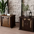 Vintage Wooden Bedside Tables With Decorative Vase Lantern Books And Green Plant
